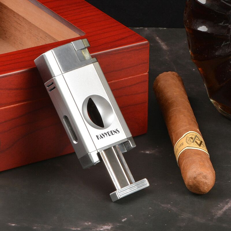 KAVYDENS Torch Lighter with Cigar V Cutter, Double Jet Flame Refillable Butane