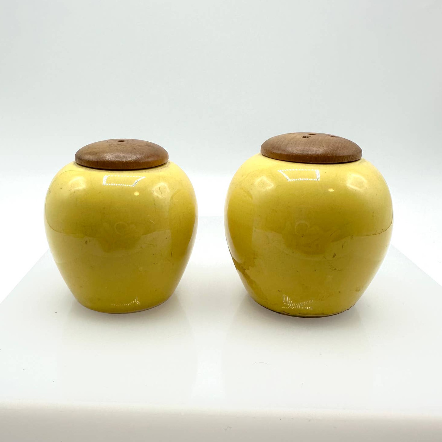 Vintage 1950s Sunshine Yellow Round Ceramic Salt & Pepper Shakers Made in Sweden