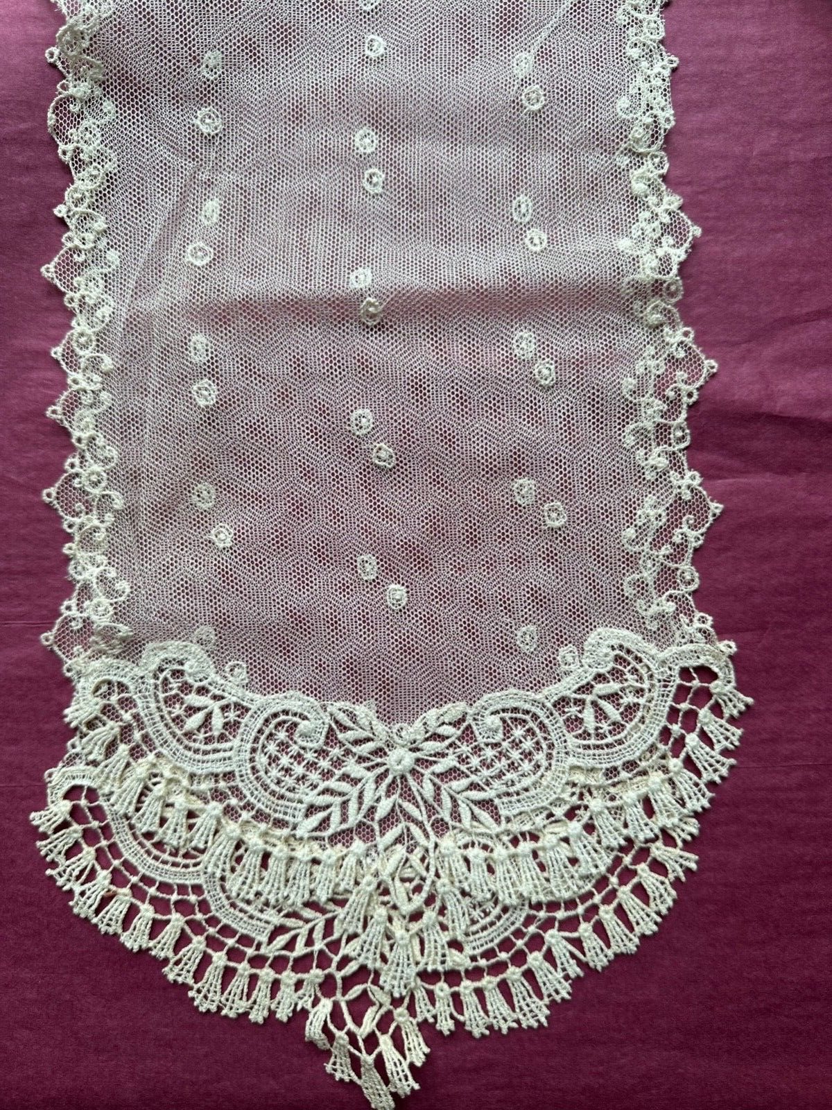 Superb Antique French Edwardian Lace Stole -Silk Tulle embroidered 157cm by 16cm