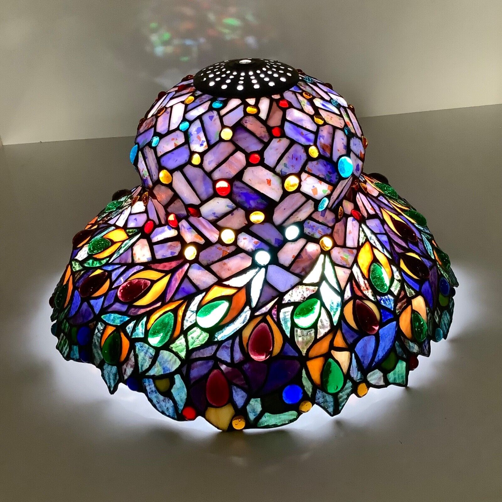 Large Floral & Beaded Stained Glass Lamp Shade 16”W x 10”H Unique Bell Shape