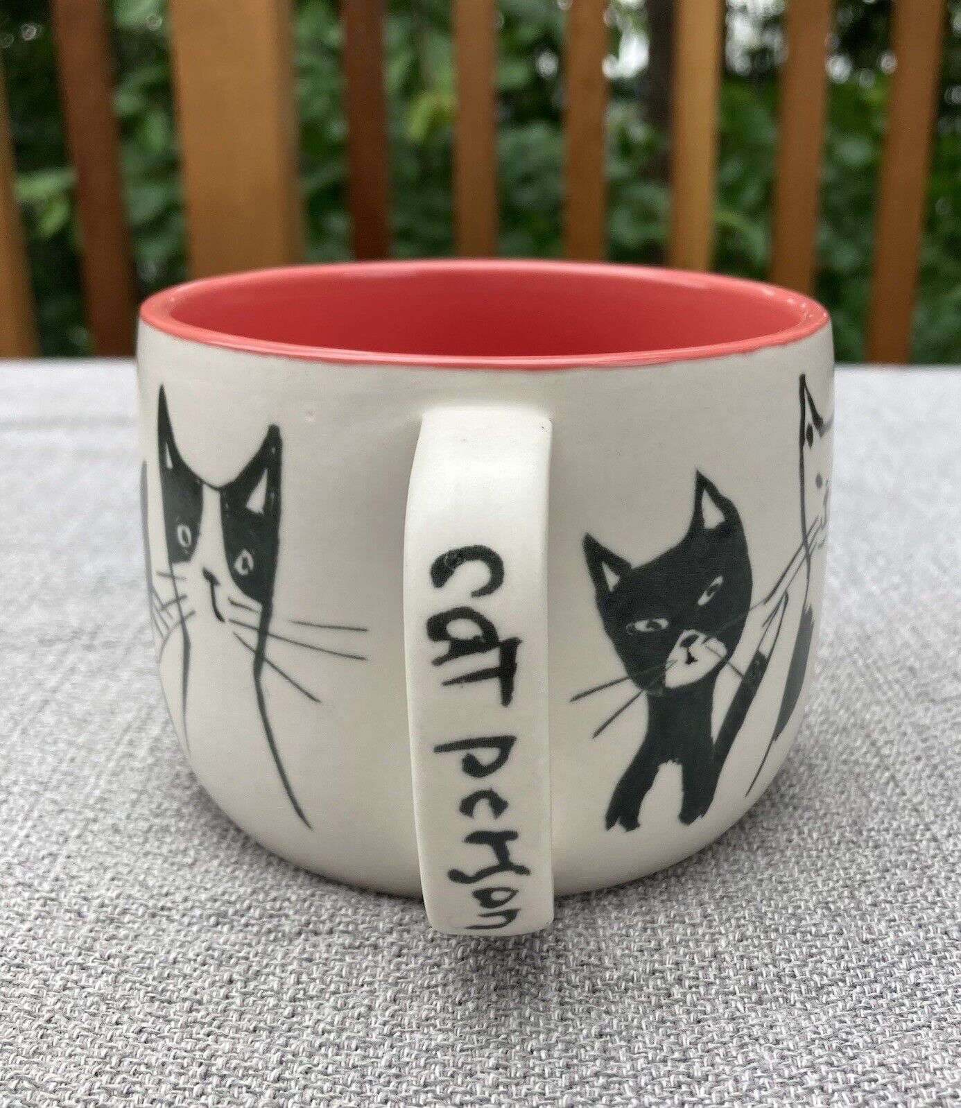 ANTHROPOLOGIE Cat Person Mug Coffee Tea Cup Cats Black & White Pink Kitchen