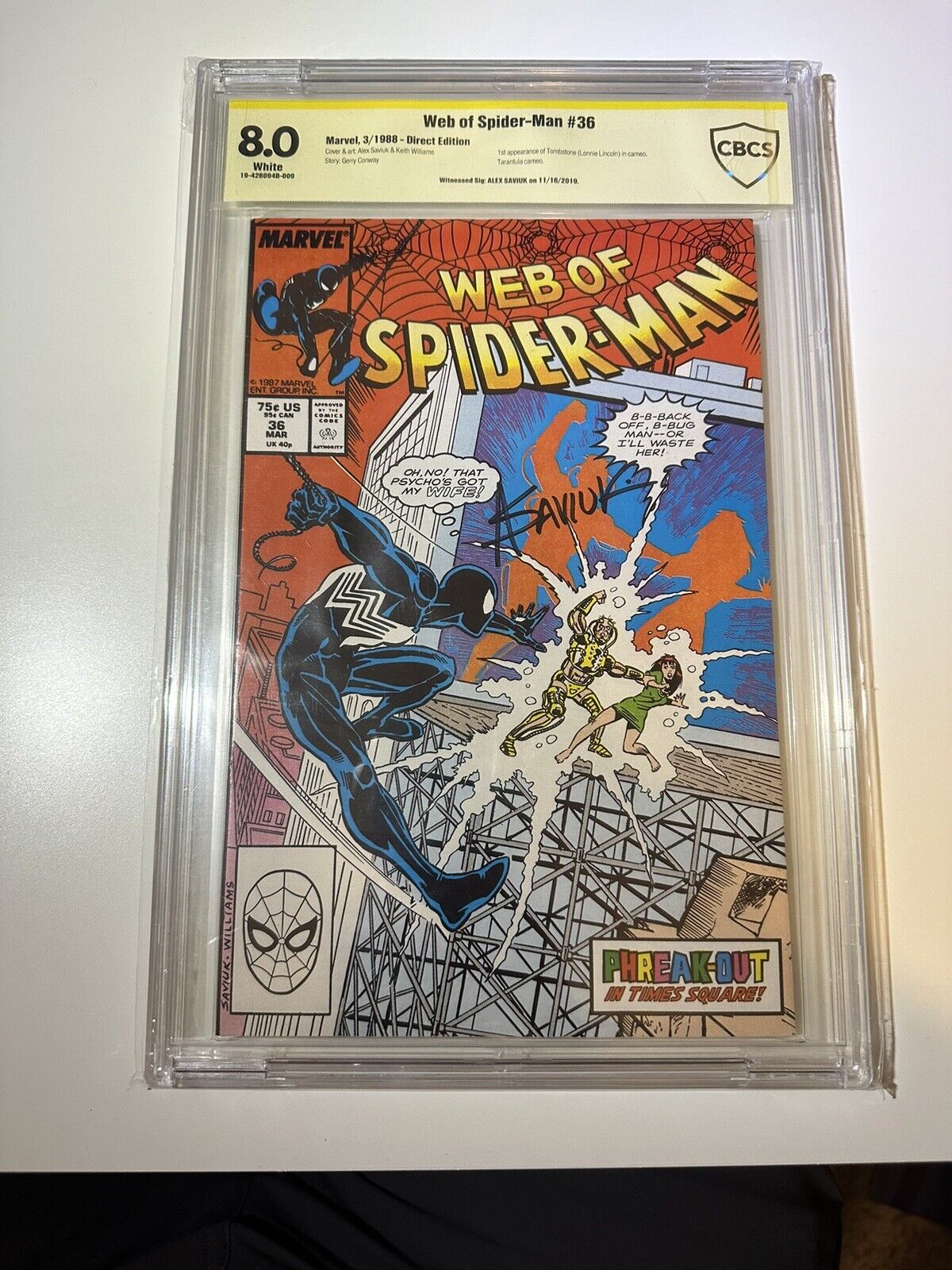 WEB OF SPIDER-MAN 36 (1988) CGC SS 8.0 NEWSSTAND -1ST APP. TOMBSTONE SIGNED