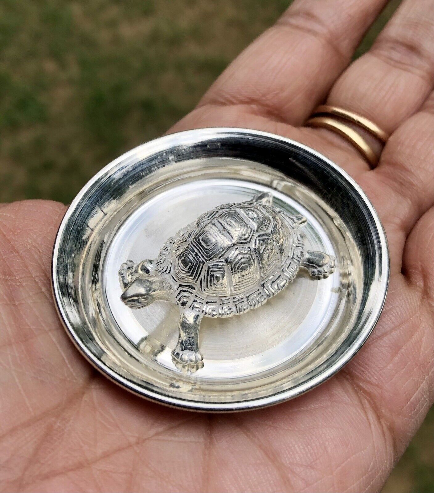 999 Silver Hindu Religious Lord Vishnus Turtle Kachua + Silver Plate, 