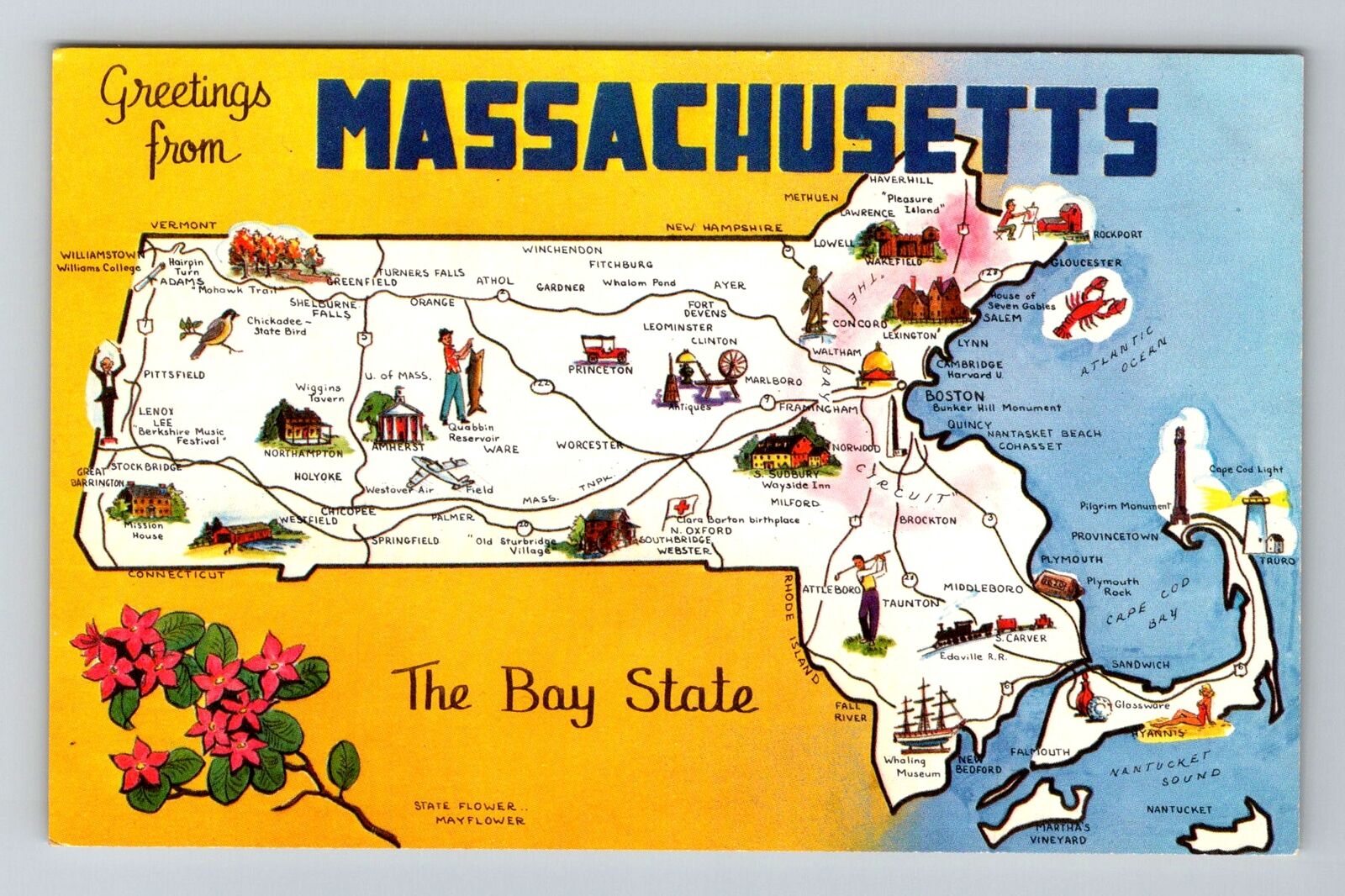 MA-Massachusetts, General Greeting, State Road Map, Vintage Postcard