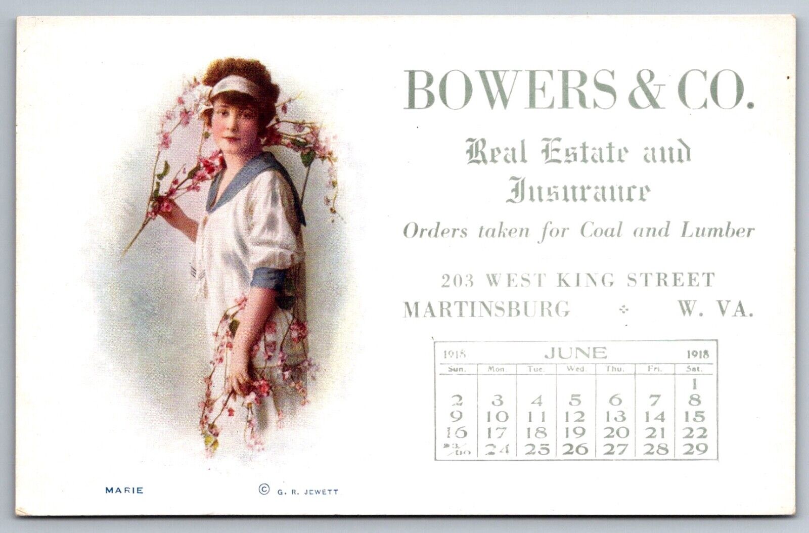 Postcard Martinsburg WV West Virginia Advertising Bowers & Co c1918 Calendar