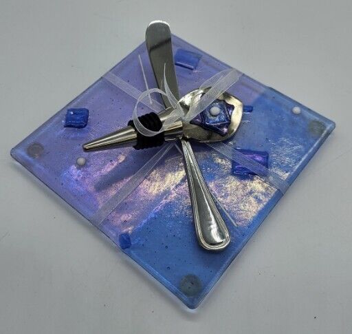 3pc Signed Dichroic Purple Blue Fused Glass Charcuterie Set Knife Bottle Stopper