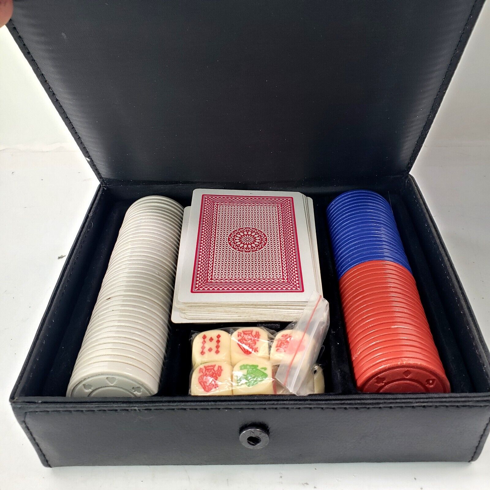 Vintage Poker Chips Set Complete Mini Travel Cards Dice Gamble Faux Leather Box.