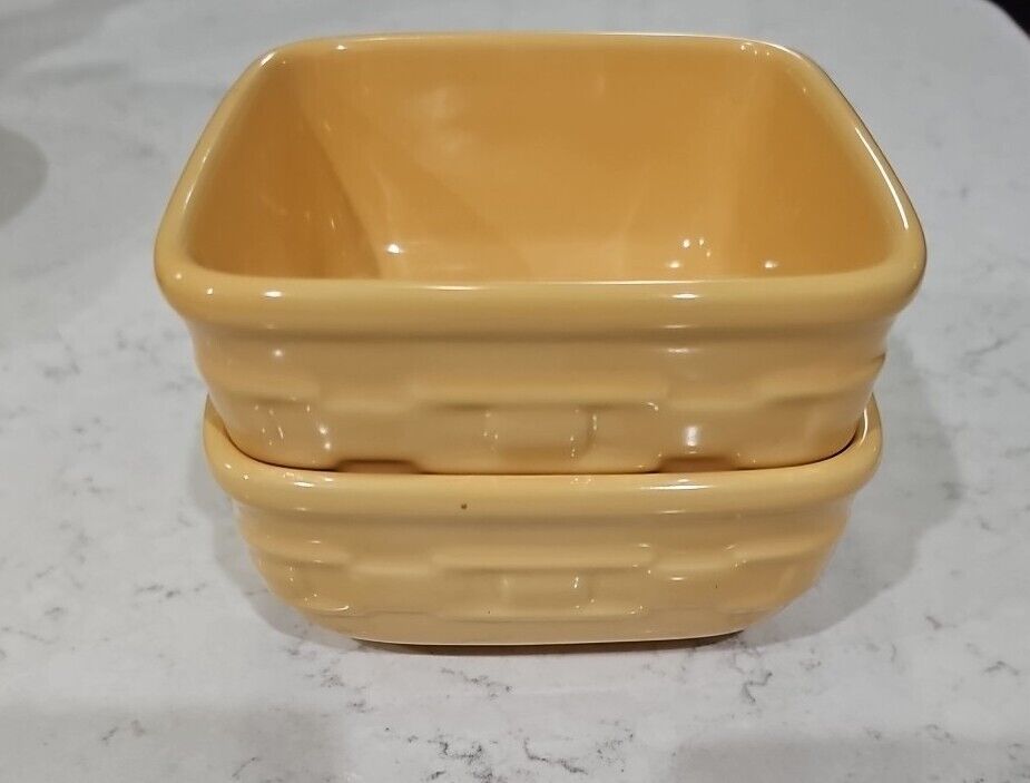 Lot Of 2 Longaberger Pottery Woven Vitrified Square Small Bowl Yellow 5 Inches
