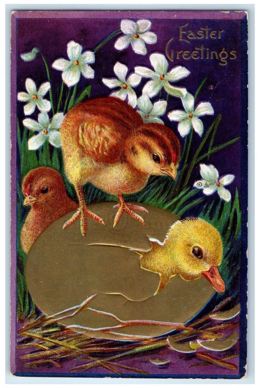 c1910's Easter Greetings Baby Chicks Hatched Egg Flowers Winsch Back Postcard