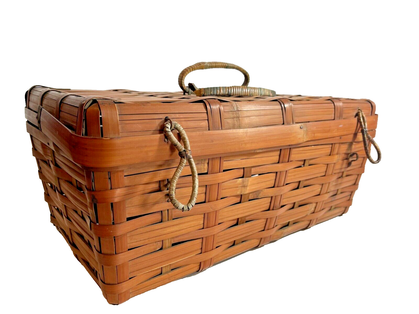 Vintage Dark Brown Bamboo Woven Rattan Big Rectangle Fishing Tackle Basket