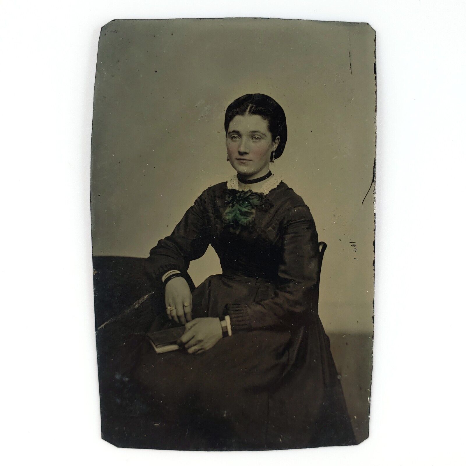 Green Bow Bookworm Girl Tintype c1870 Antique 1/6 Plate Young Lady Photo A3756
