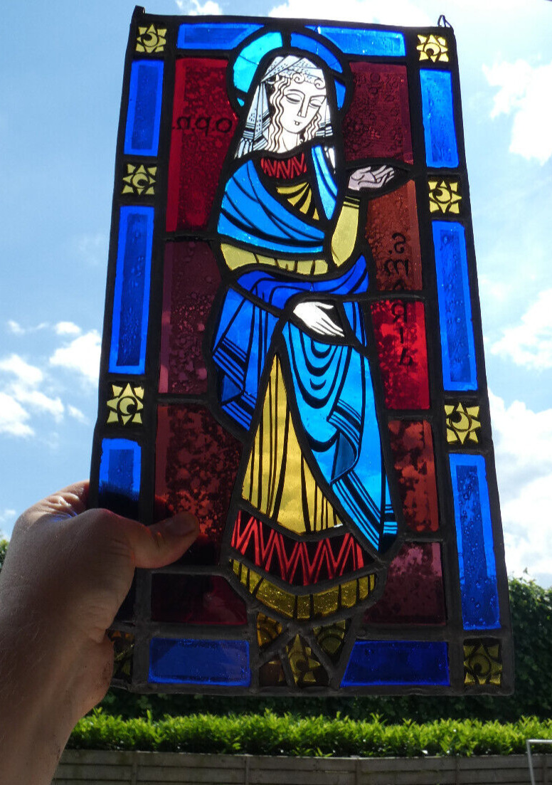 Vintage  stained glass window panel religious madonna plaque