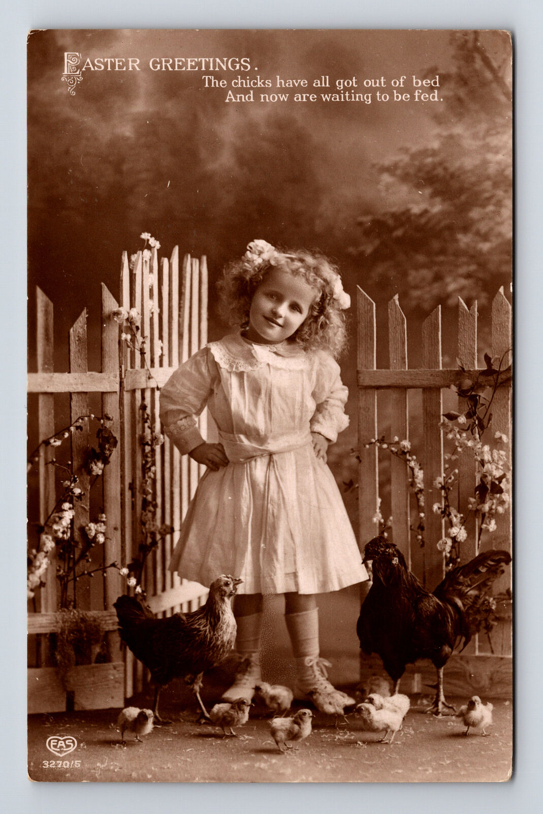 c1911 RPPC EAS Studio Portrait of Young Girl Chickens Easter Greetings Postcard