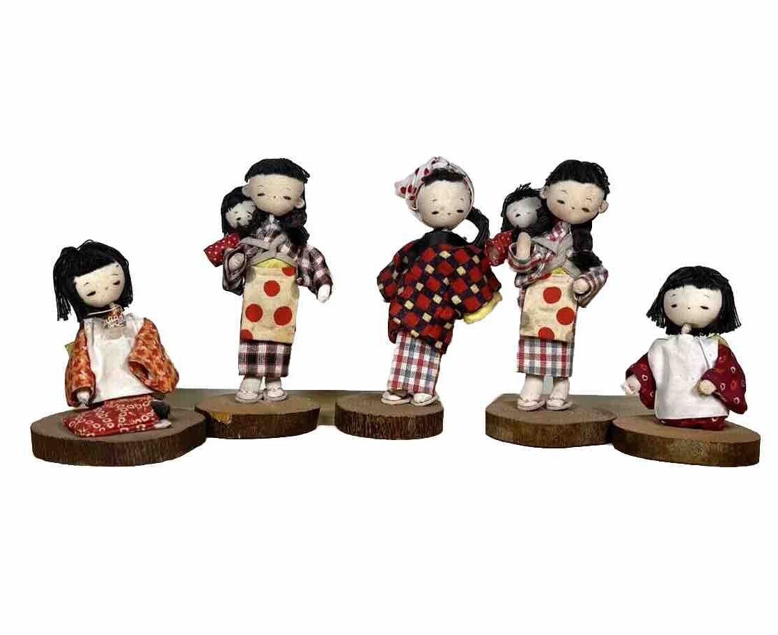 Lot Of 5 Vintage Japanese Girls Carrying Children Folk Fabric Handmade Dolls
