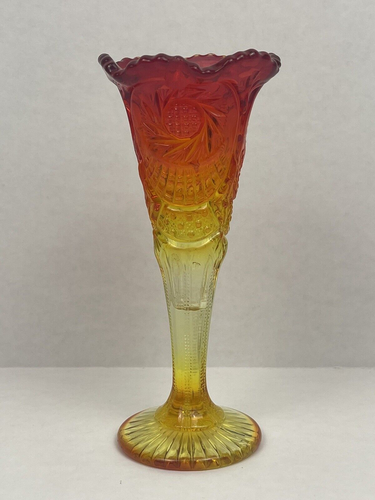 Vintage Viking Glass Amberina Bud Vase Orange Red Yesteryear Pattern-EXCELLENT