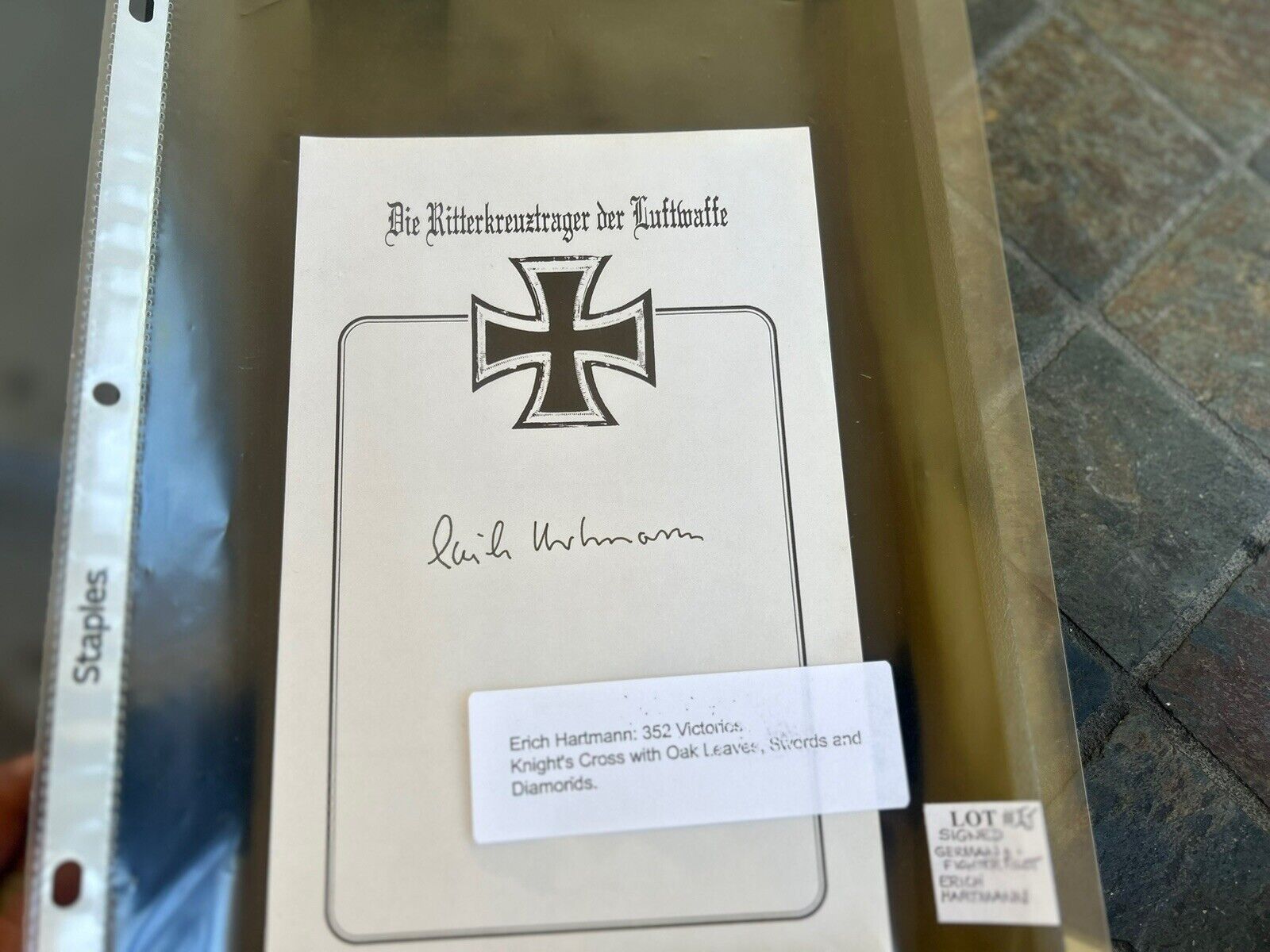 WWII German Luftwaffe Ace Pilot Erich Hartmann Signed Book Plate Knight’s Cross