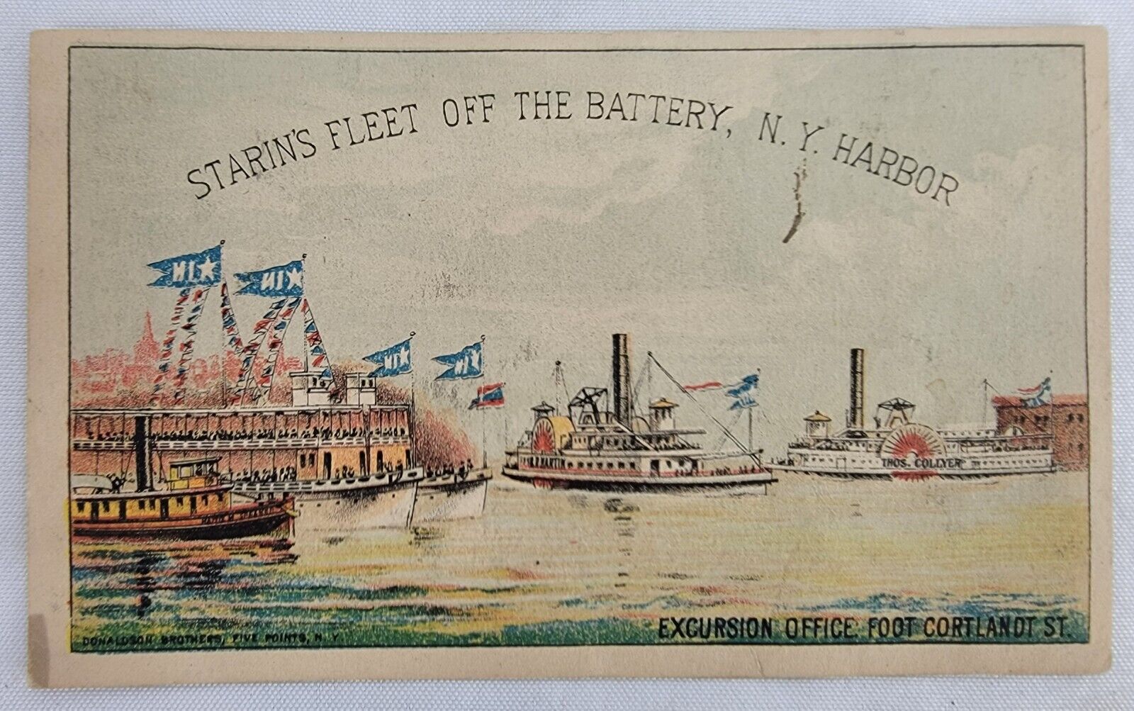 Vintage 1880 Victorian Trade Card 'Starin's Fleet' Steamboat NY Harbor