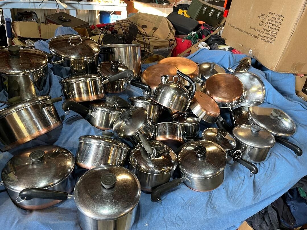Vintage 43 Pc Lot Revere Ware Copper Clad Cookware Pots, Sauce Pans, Skillets