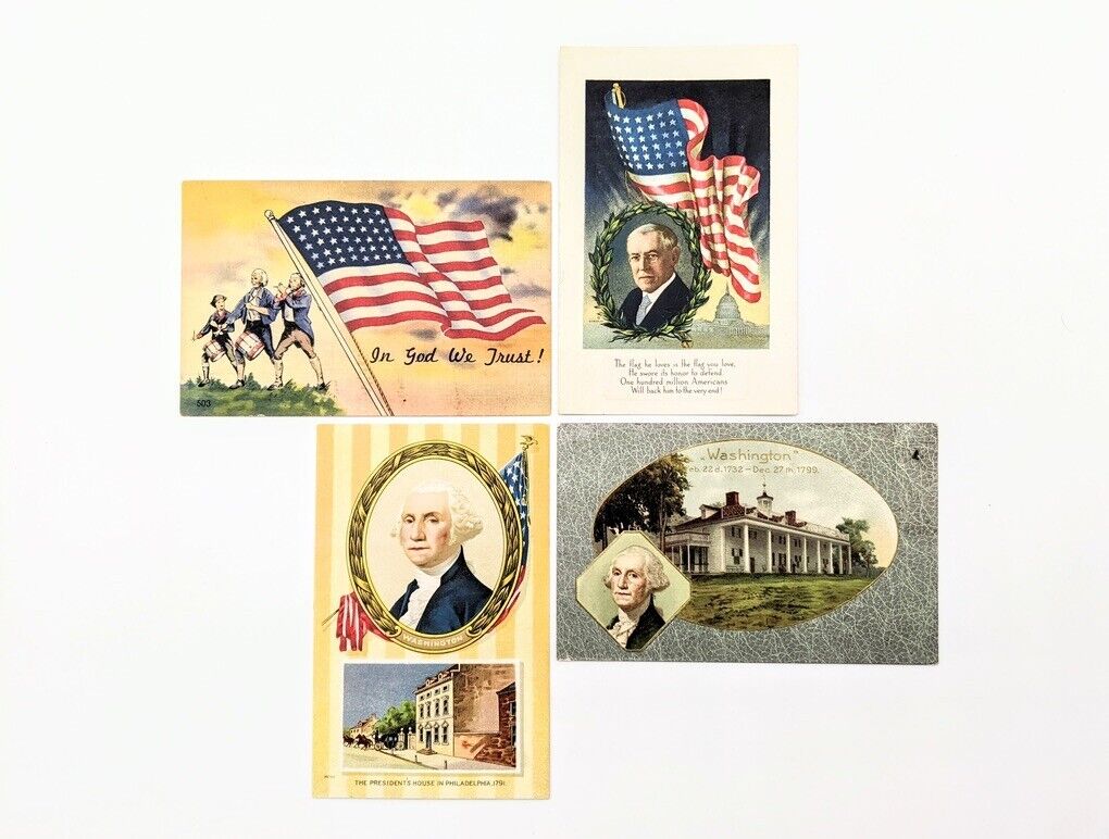 4 Antique Vintage Postcard Patriotic 4th of July Flag In God We Trust Washington