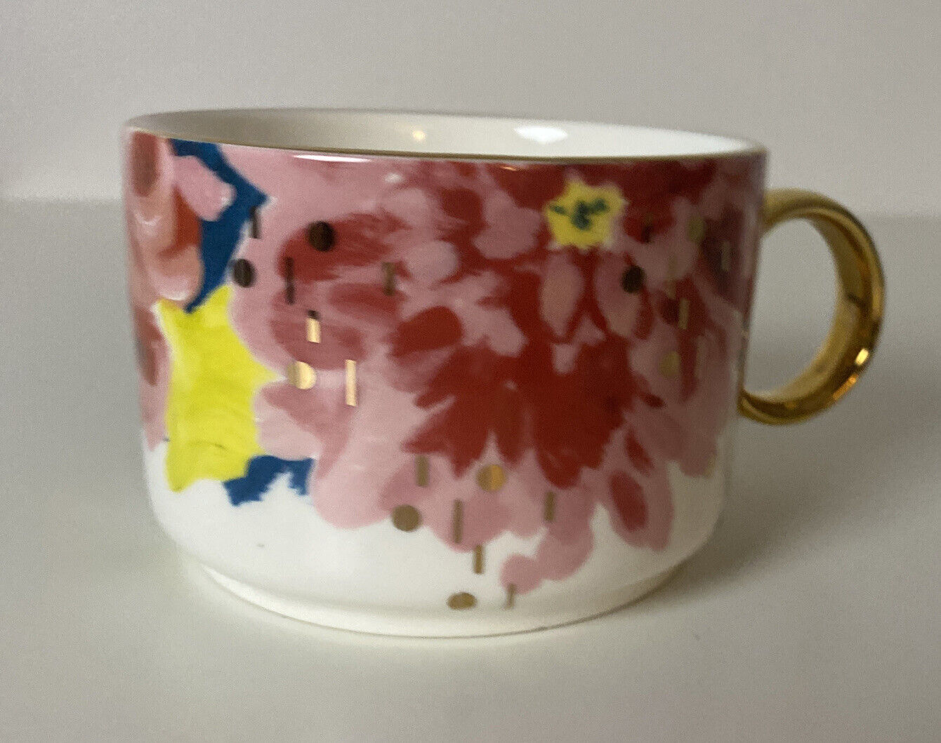 Pink Peonies Anthropologie Floral Gold Coffee Mug Pink Peonies Gold Handle Trim