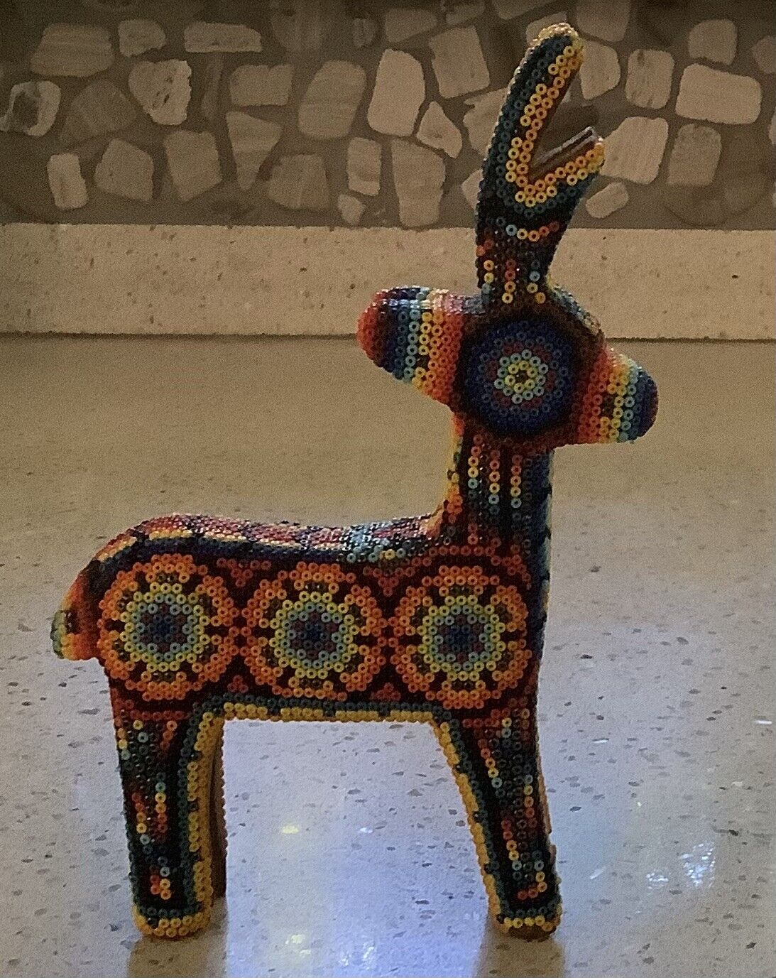 Authentic Native Mexican HUICHOL Carved & Beaded Deer, 5x7”