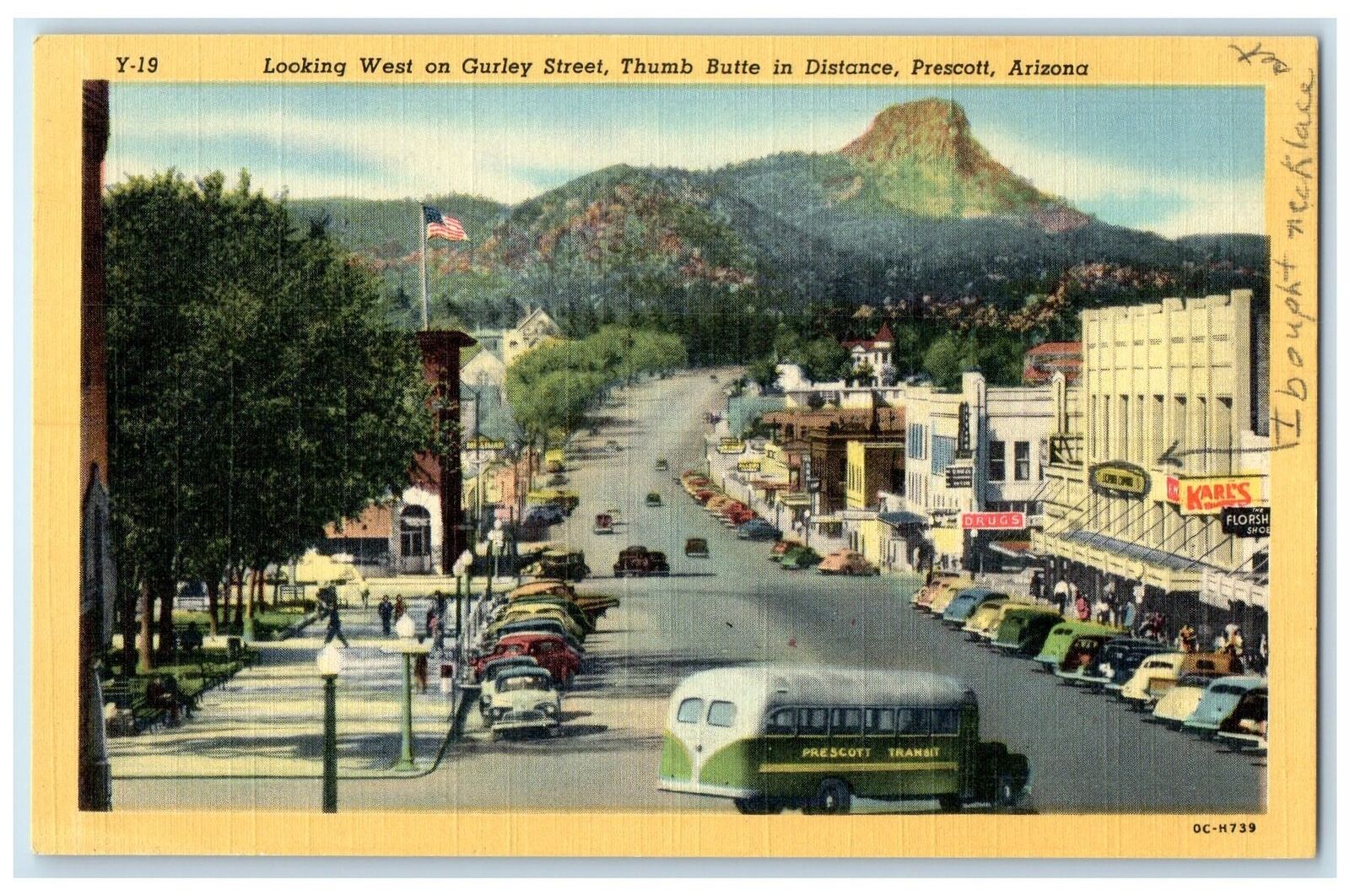 c1940's Looking West Gurley Street Thumb Buffe Prescott Arizona AZ Cars Postcard