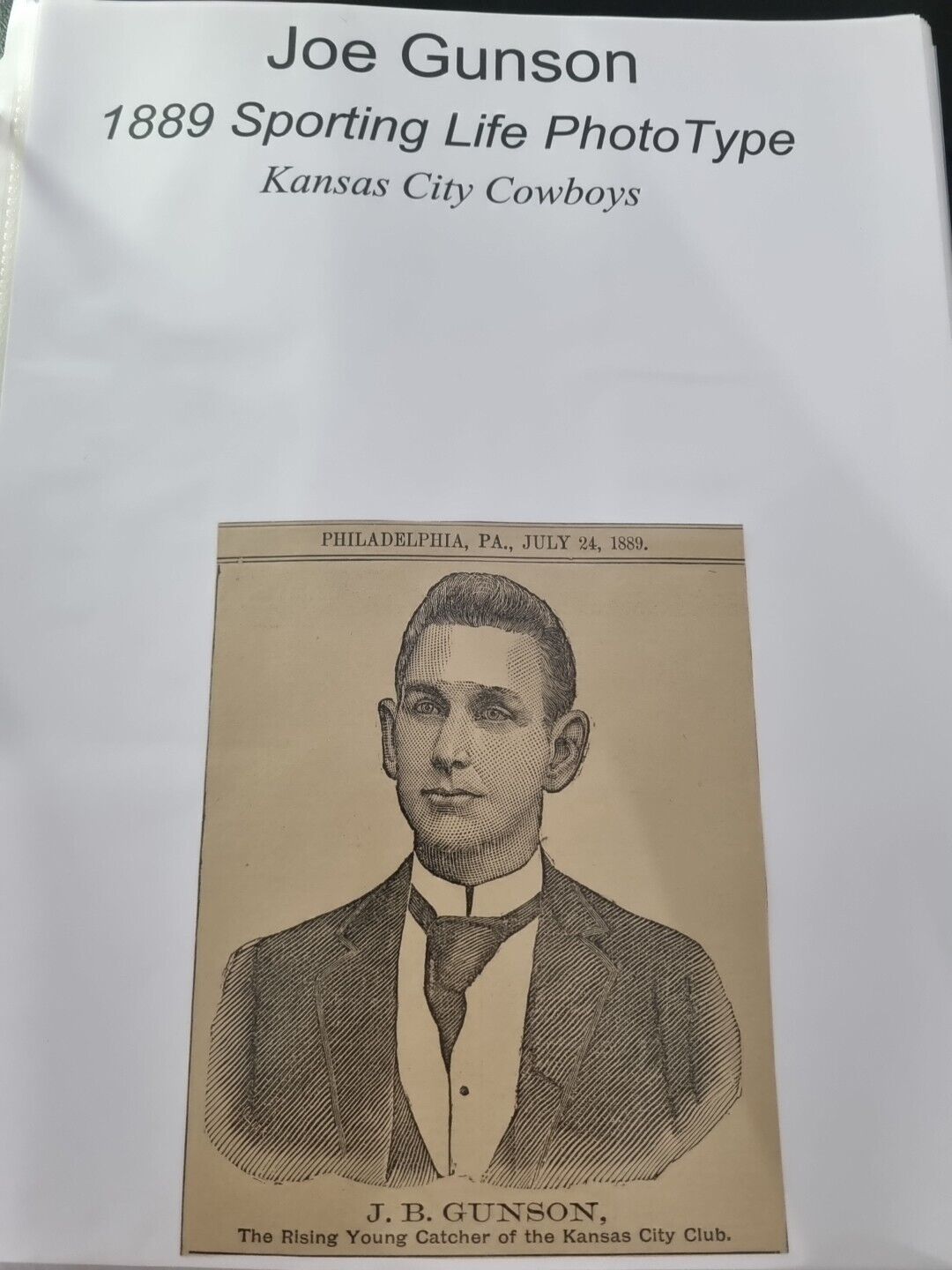 Joe Gunson 1889 Sporting Life Kansas City Cowboys Vintage Newspaper Clip