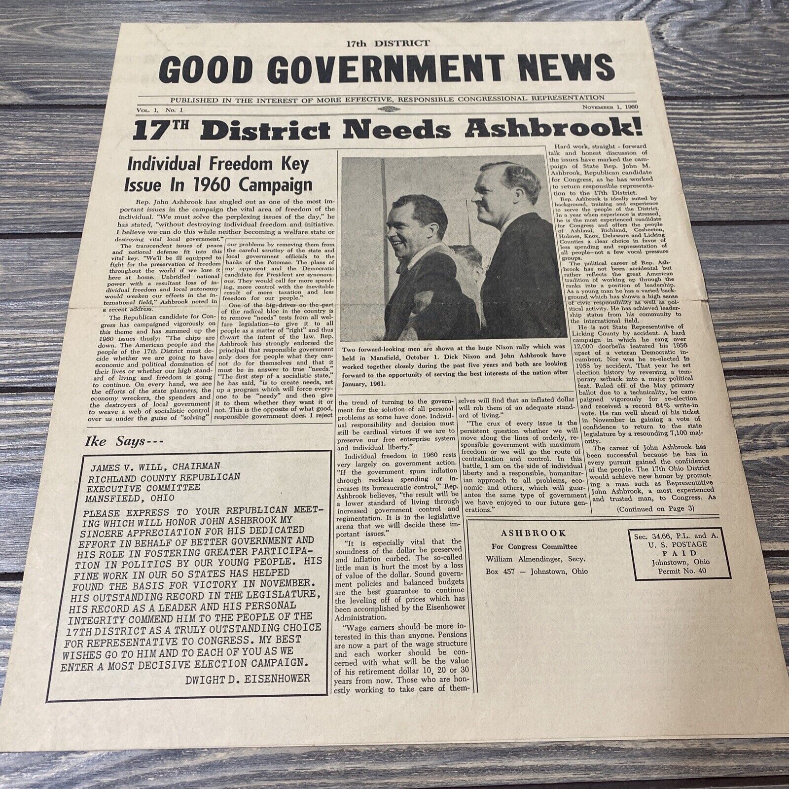 Vintage 1969 17th District Good Government News Needs Ashbrook Paper 