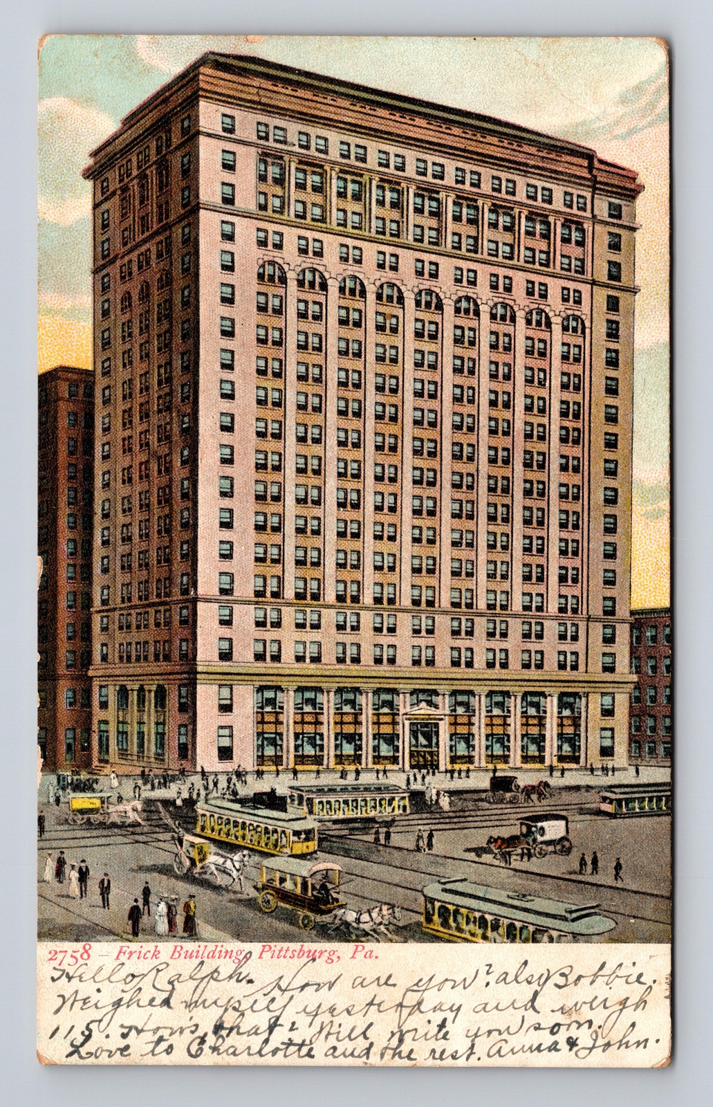 1907 UDB Postcard Pittsburgh PA Frick Building Trolley Streetcars Horse Carriage