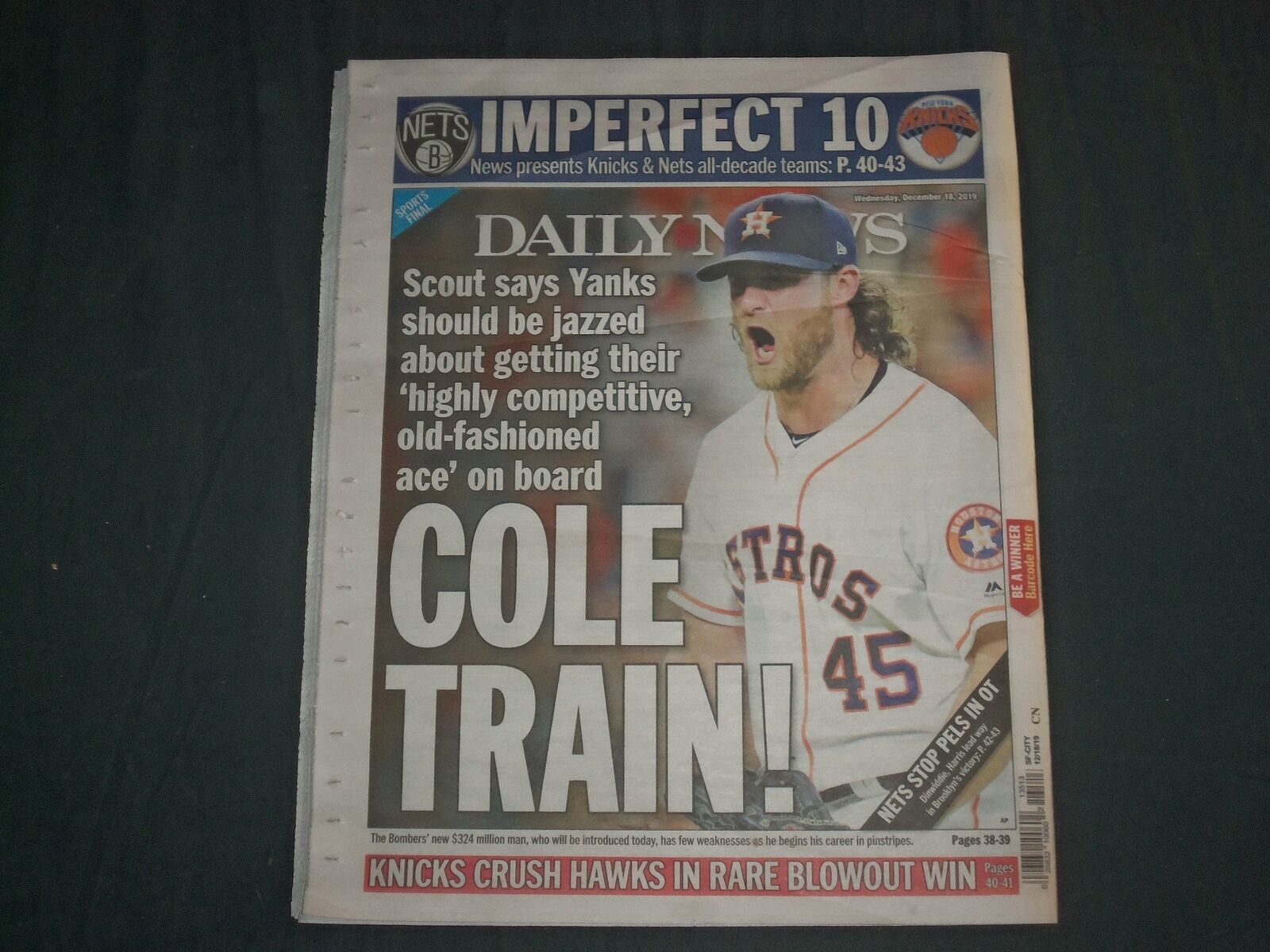 2019 DECEMBER 18 NEW YORK DAILY NEWS NEWSPAPER - GERRIT COLE SIGNS WITH YANKEES