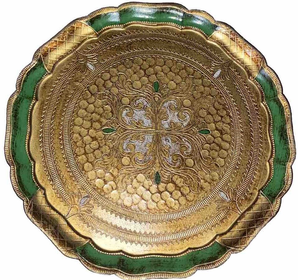 Vintage Italian Florentine Round Green & Gold Tray 13” Round.  Made In Italy