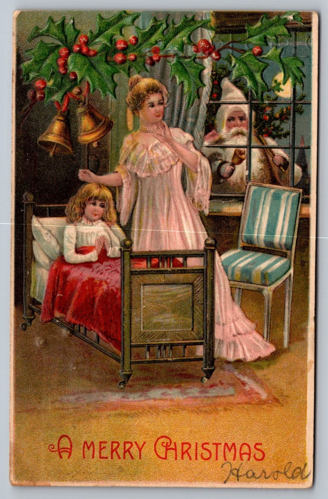 A Merry Christmas-VTG Embossed Postcard 1907-Unique w/ Mom-Girl-Santa? in Window
