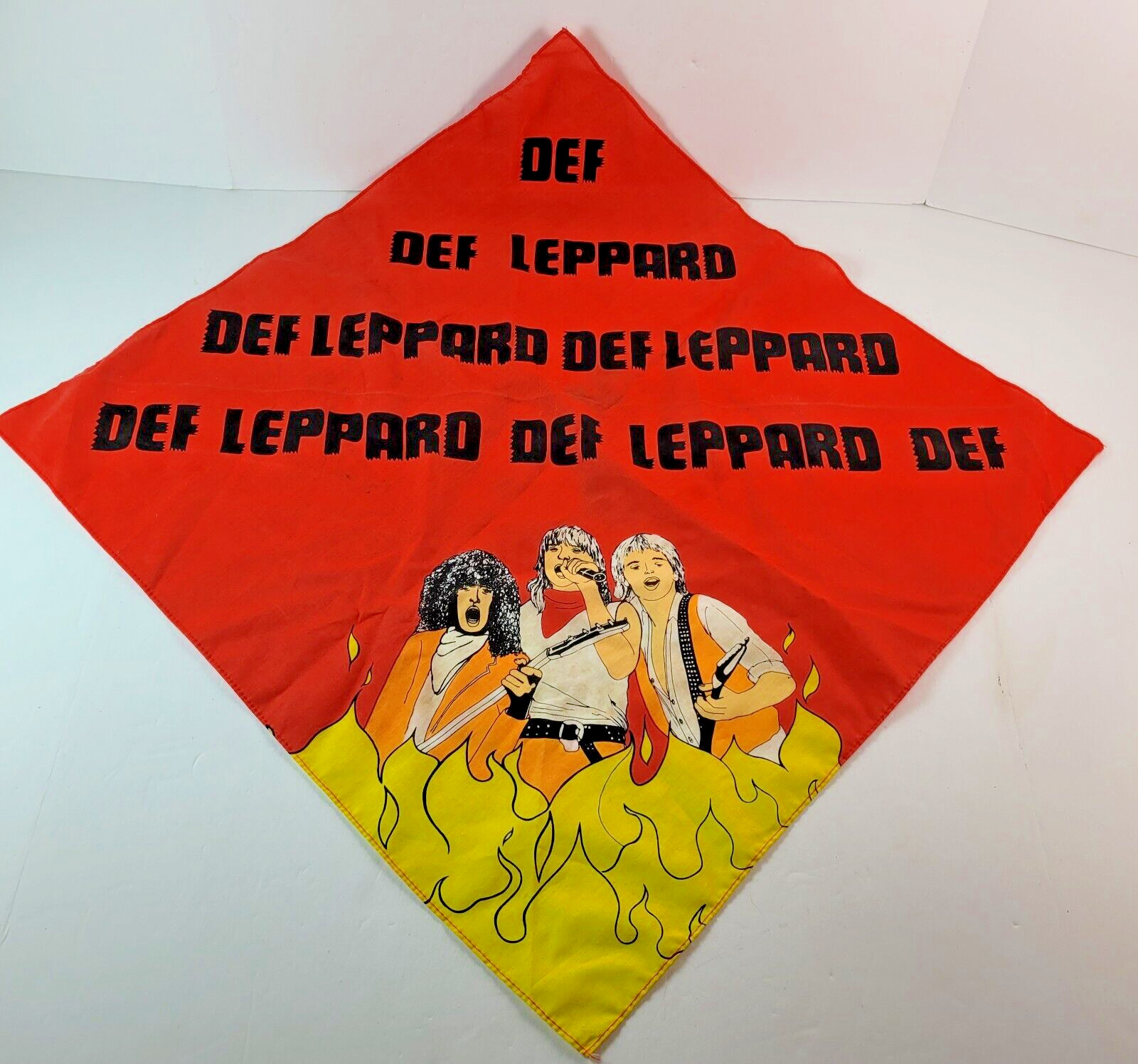 Vintage 80s Def Leppard Flames Spell Out Rock N Roll Bandana Handkerchief 29.5\