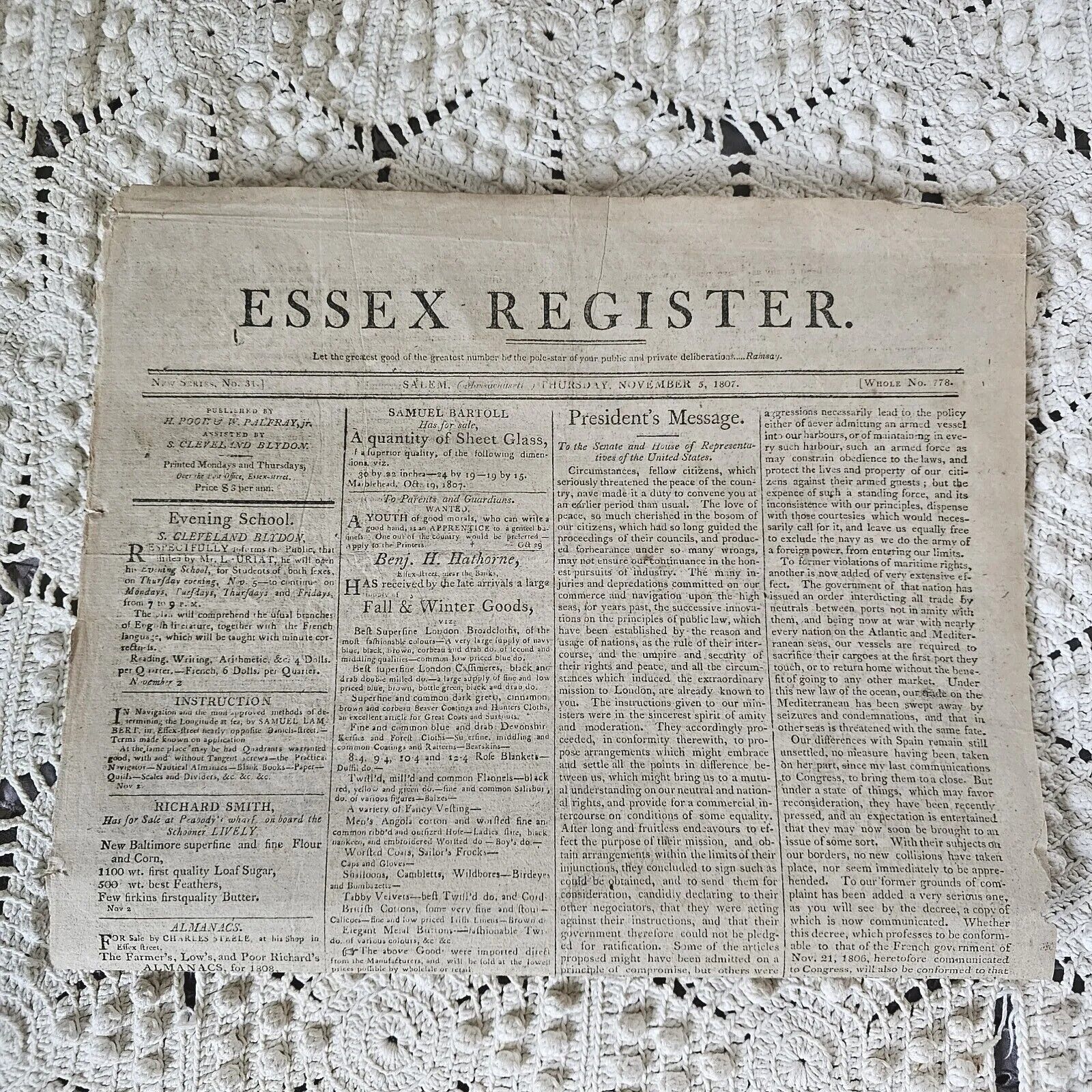 1807 Essex Register Newspaper Salem Massachusetts Antique