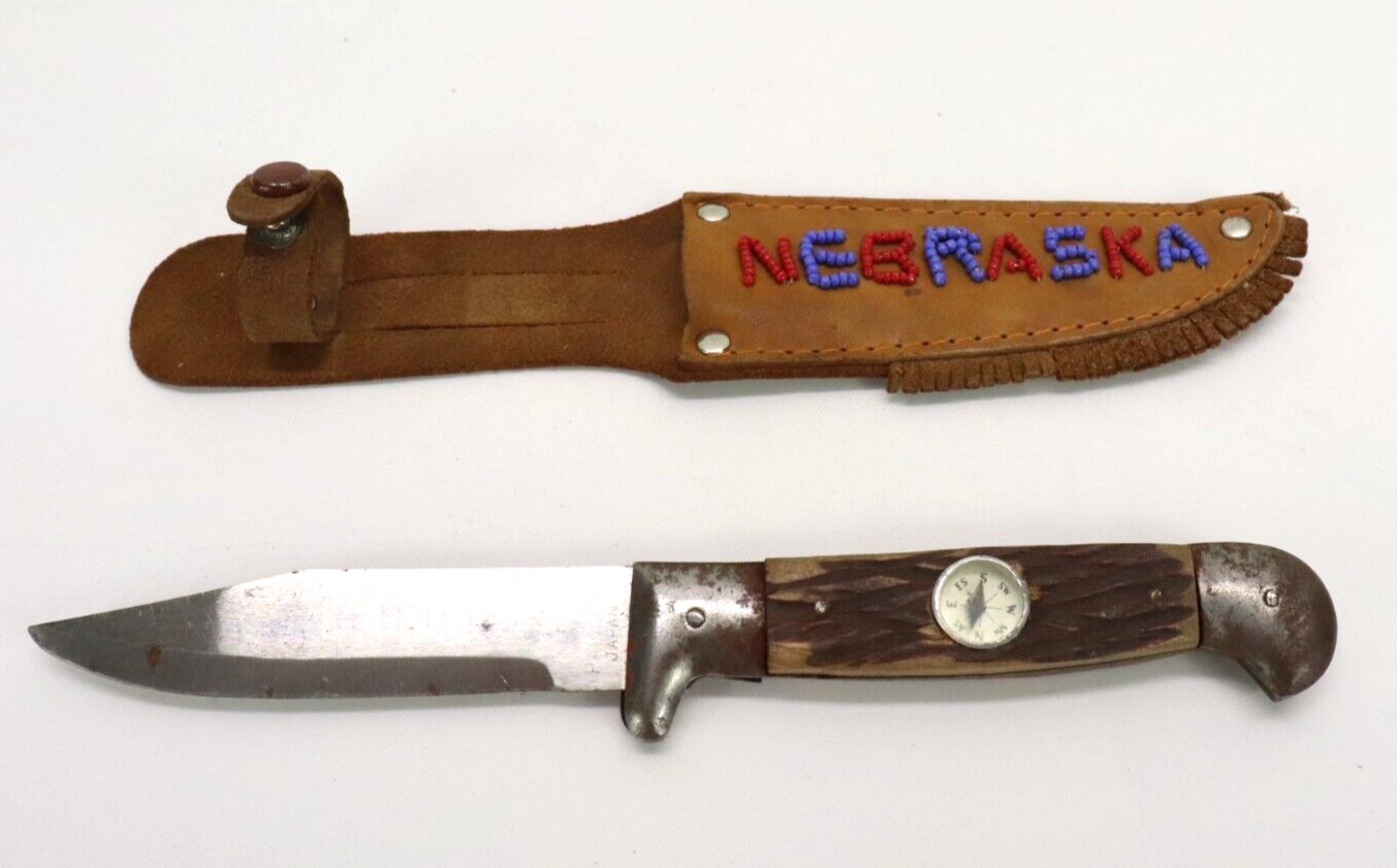 Vintage Nebraska Souvenir Knife w/Sheath and Compass