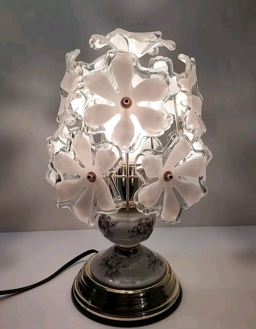Vintage White Acrylic Flower Lamp With Gold And Floral Base Granny core MCM