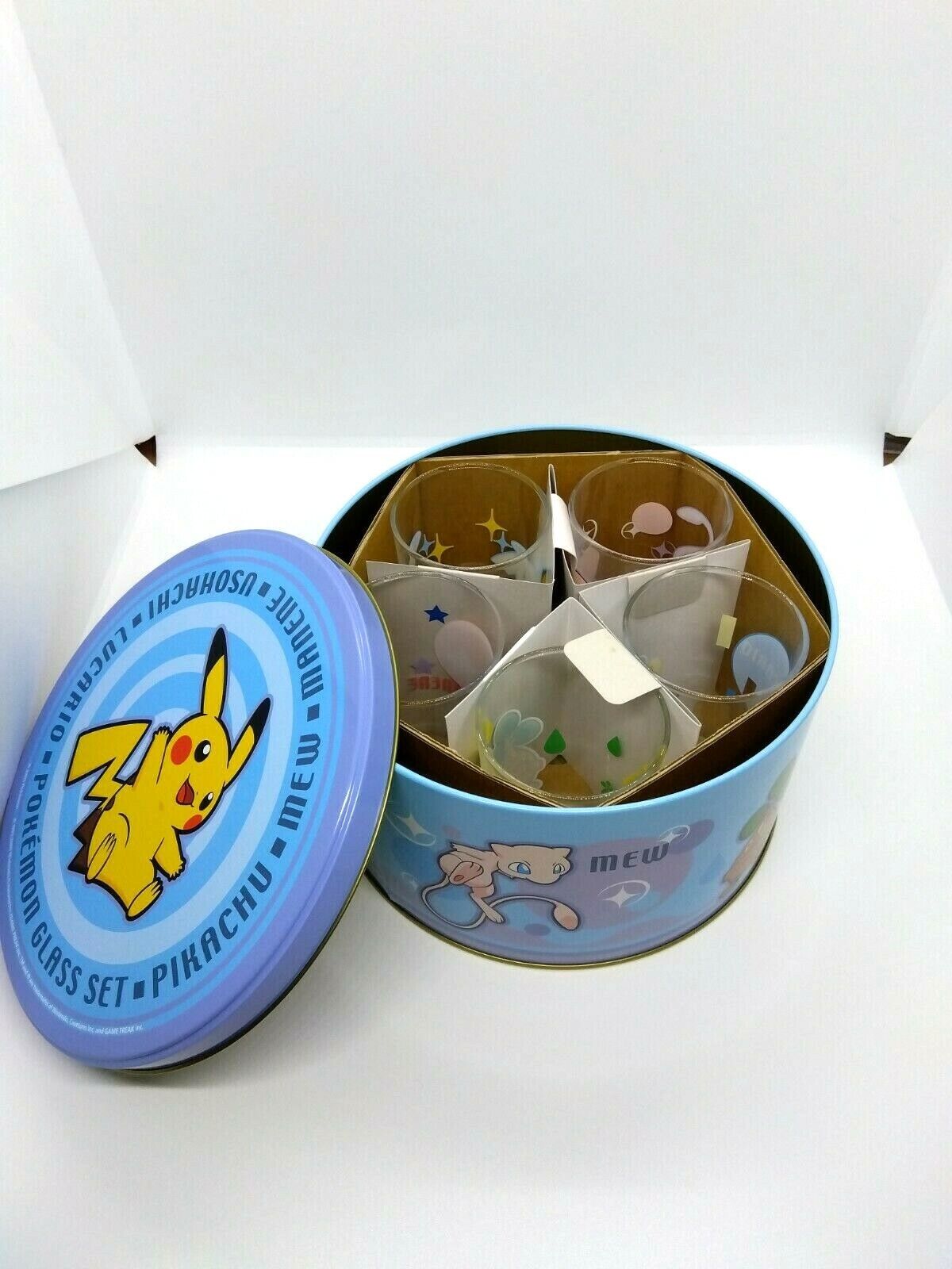 Pokemon Glass Cup 5pcs set in Can Box Pikachu Mew Collectible 2005 Japan Unused