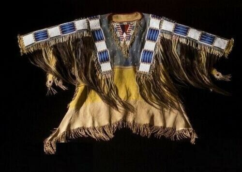 Old Style Buckskin Hide Red Cloud Beaded Fringe Powwow Shirt SX170 L / XL /2XL