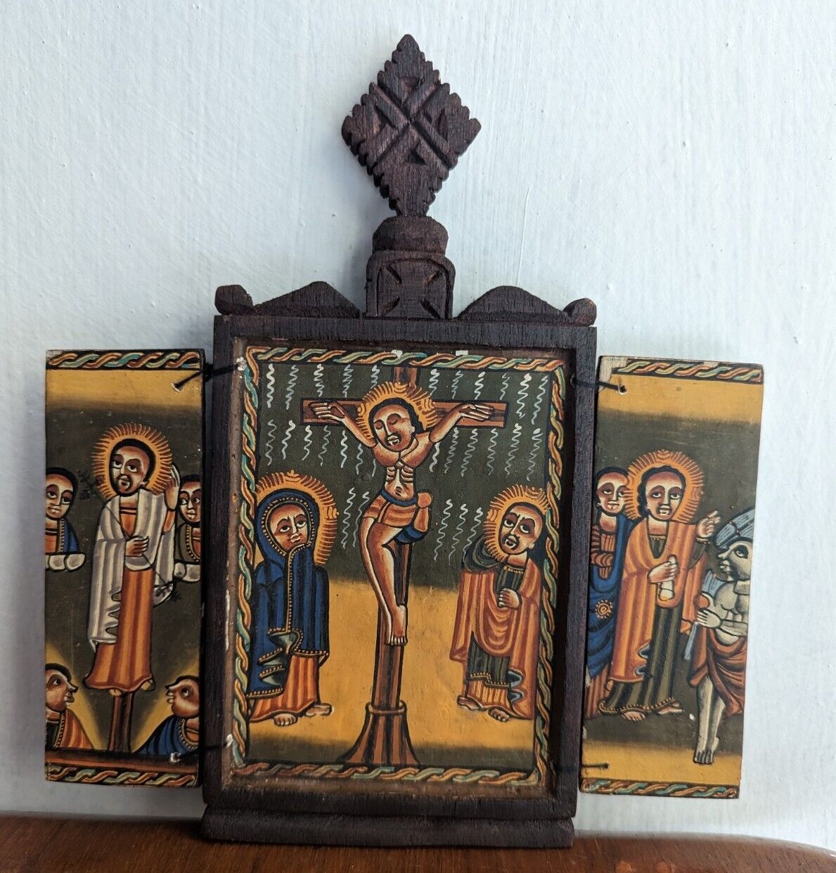 Vintage Ethiopian Wooden Icon with Cross Hand Painted Ethiopia African Art Alter