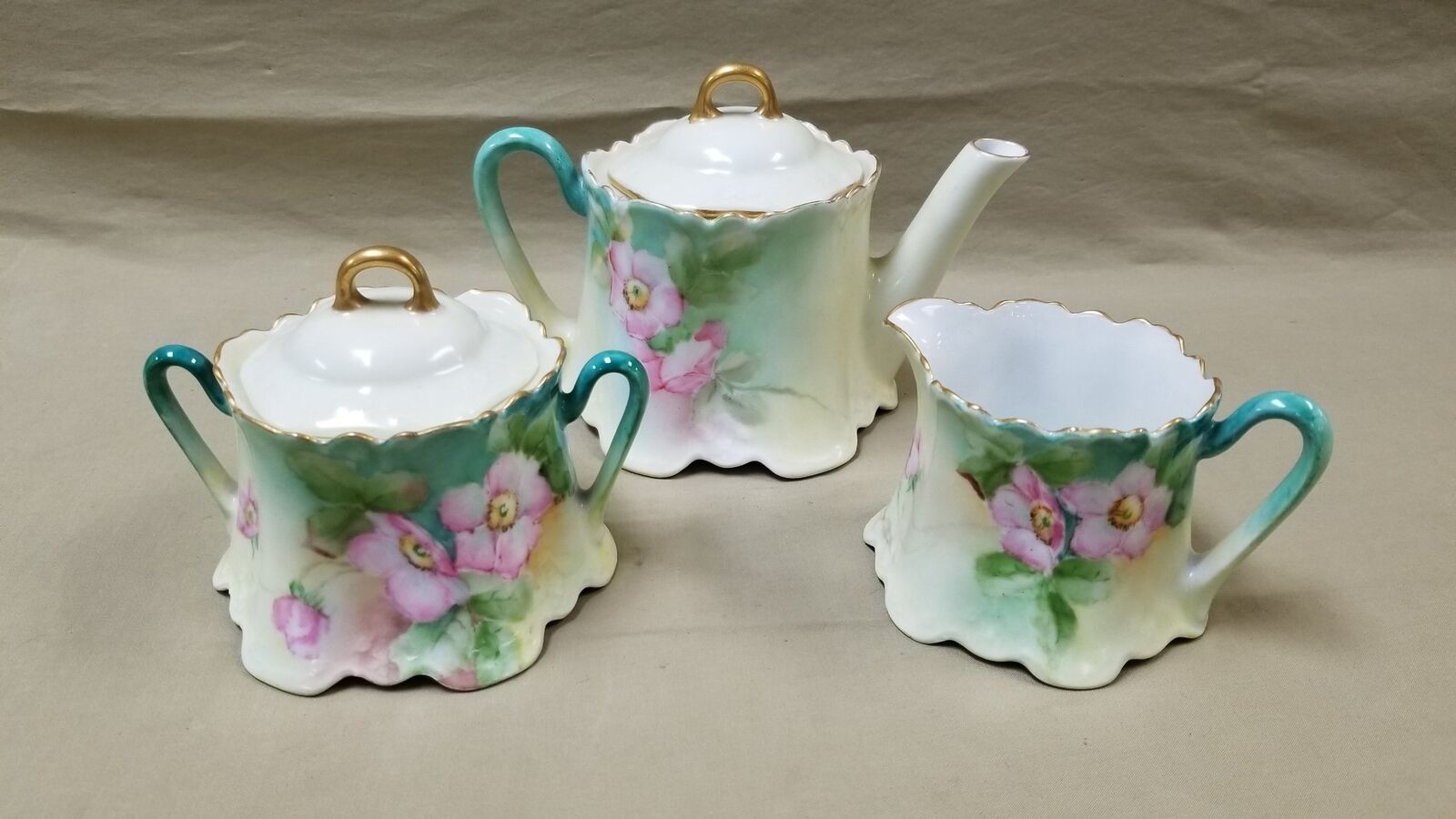 Antique Z. S & C Bavaria Green Floral Footed Teapot Creamer & Sugar Bowl Set