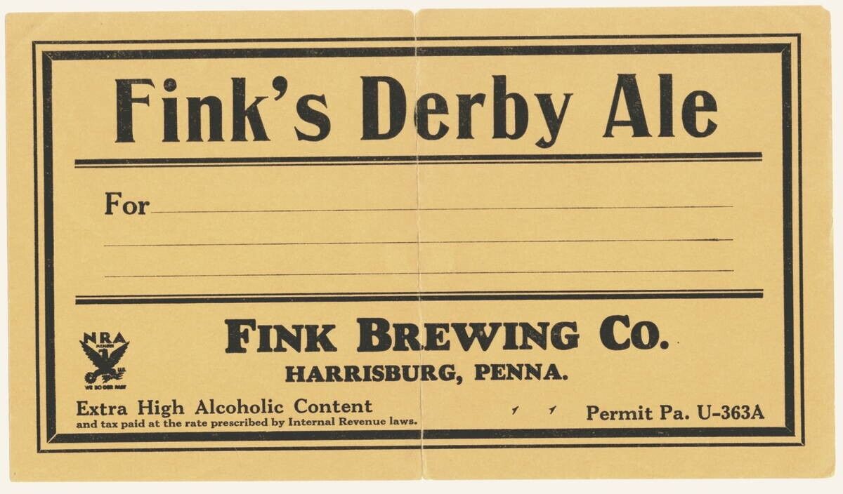 Fink Brewing Co. Harrisburg Pennsylvania; NRA 1933. Derby Ale Extra High Alcohol