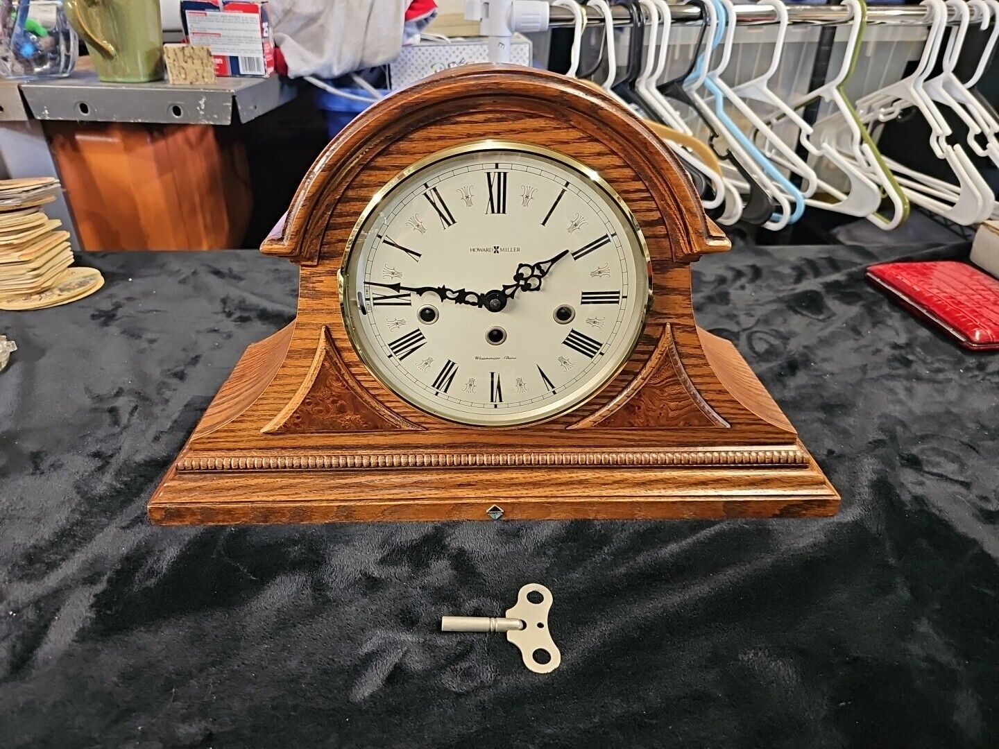 Vintage Howard Miller Model 340-020 Westminster Chime Mantel Oak Clock with Key