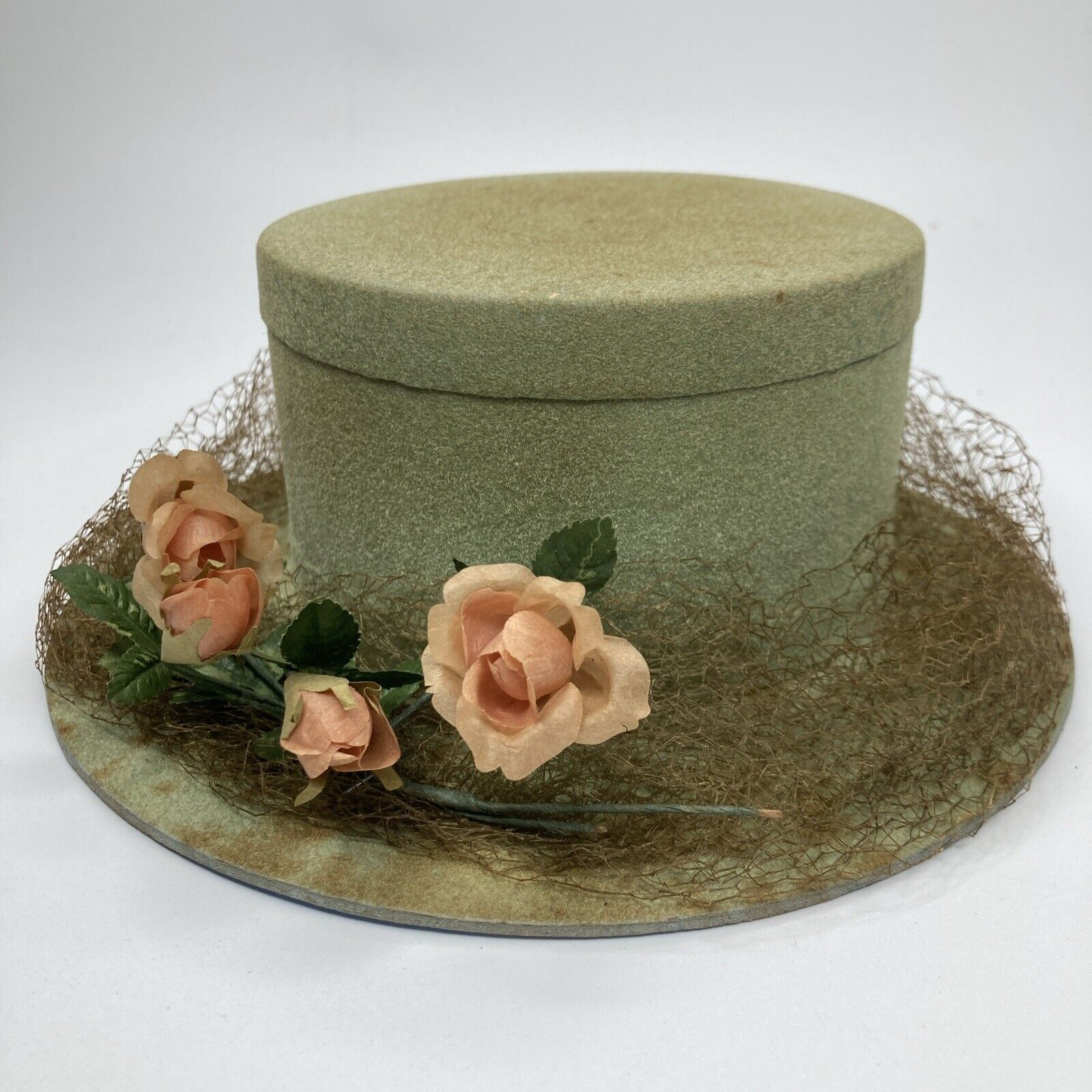 Antique EASTER HAT / BONNET CANDY BOX ~ Flocked w/ Netting & Millinery Flowers