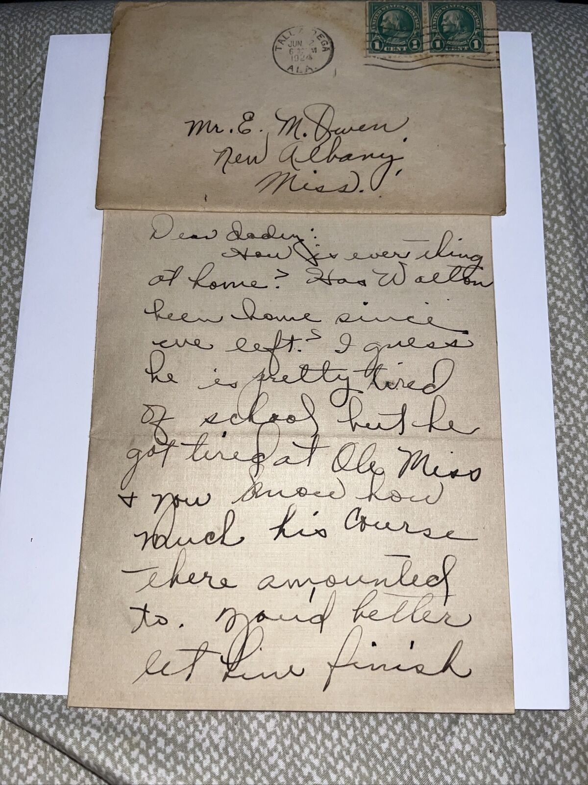 Antique 1924 Letter Talladega AL to New Albany MS: Alabama Mississippi History