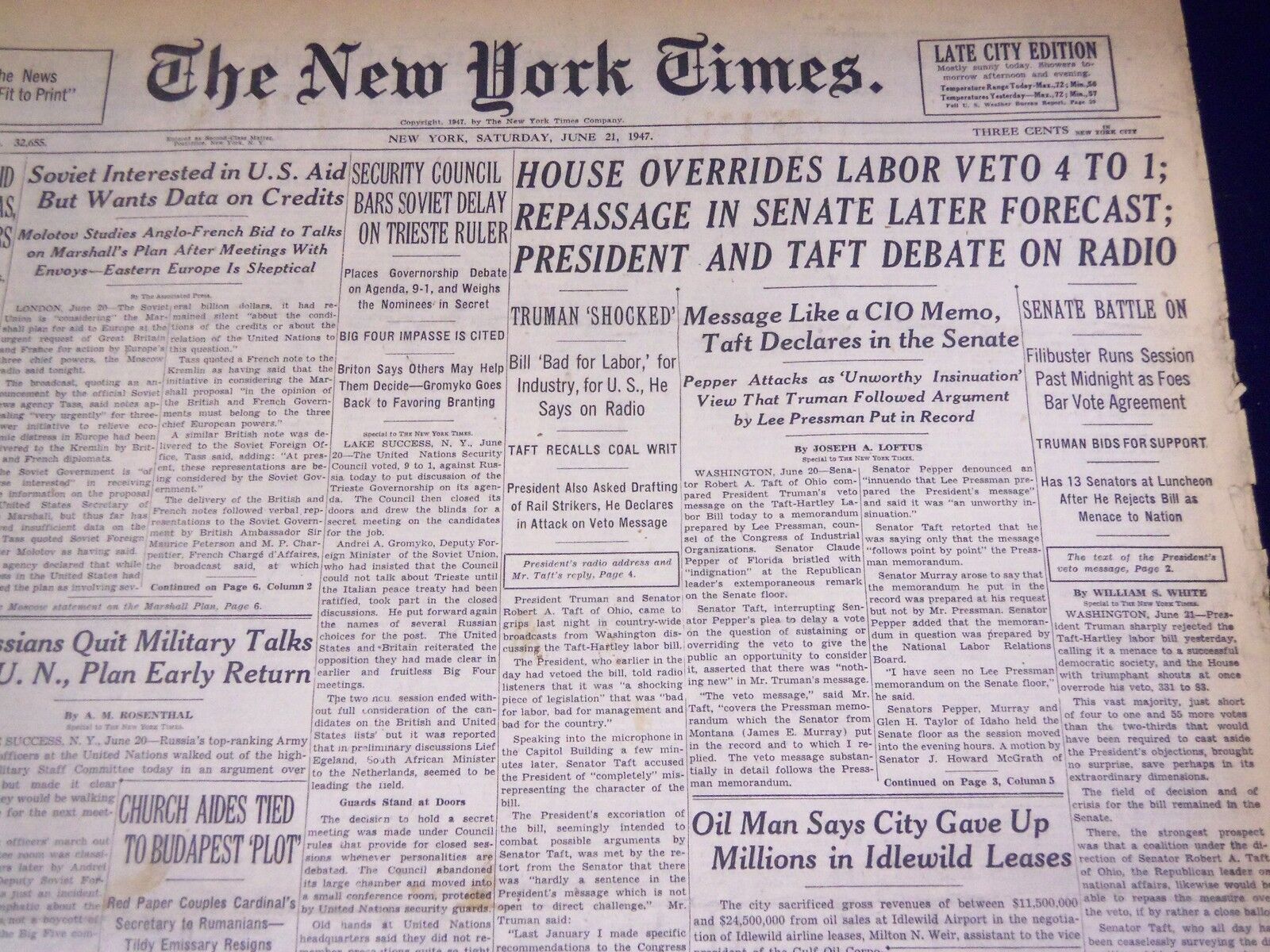 1947 JUNE 21 NEW YORK TIMES - HOUSE OVERRIDES LABOR VETO 4 TO 1 - NT 1423