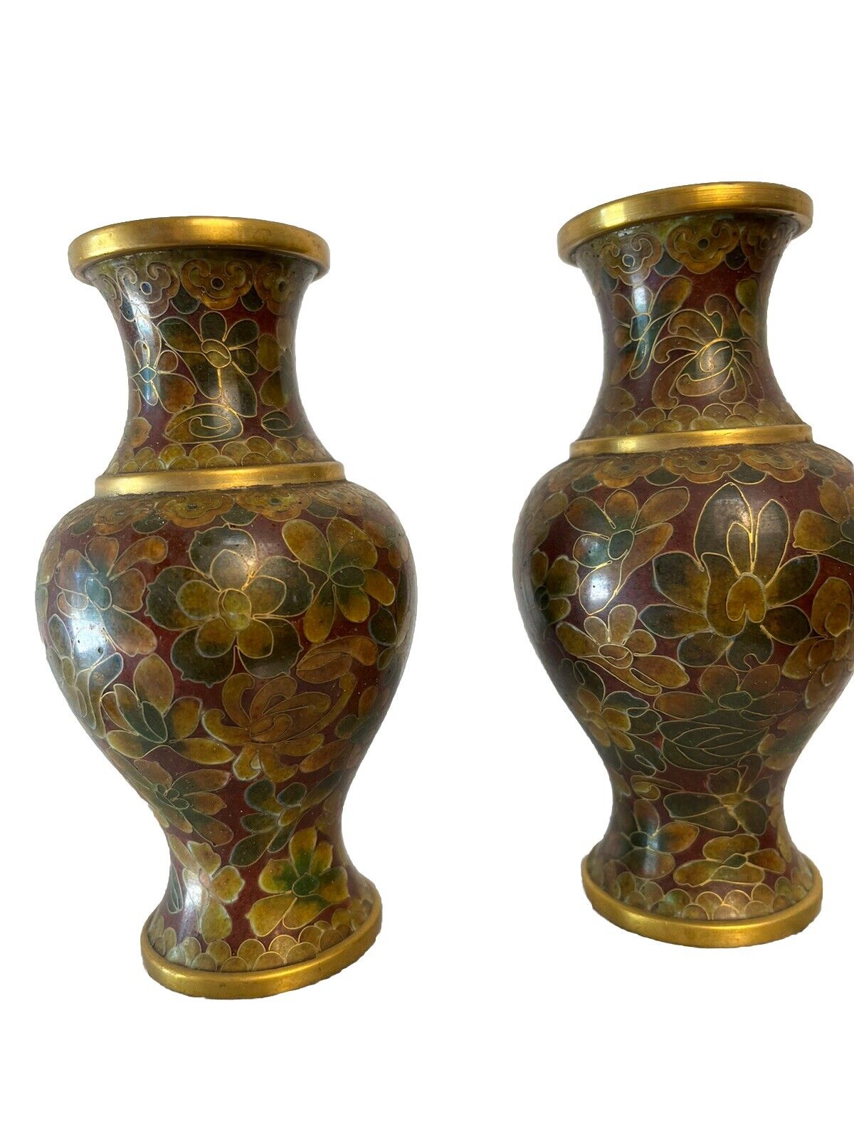 Vintage Cloisonné Pair Of Chinese Vases Height 5.25 Inch Multi Color Gold Trim