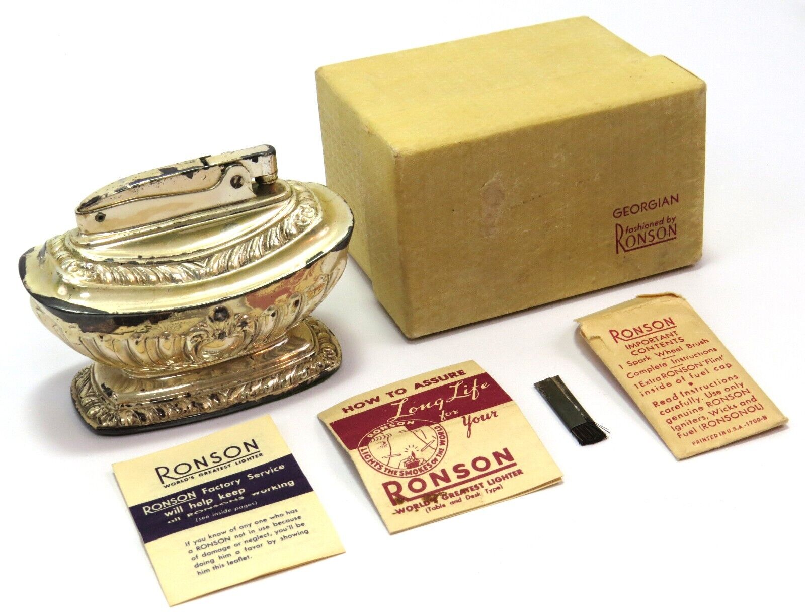 Ronson Georgian Silverplate Vintage Tabletop Cigarette Lighter, Box, Inserts