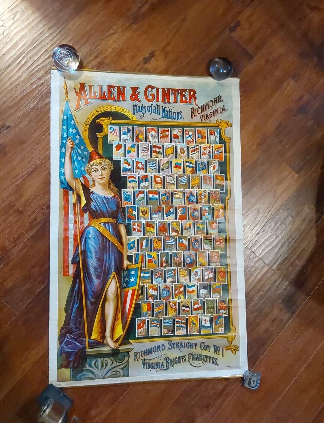 ORIGINAL 1800s Allen & Ginter Flags of All Nations Poster Virginia Brights Cigs