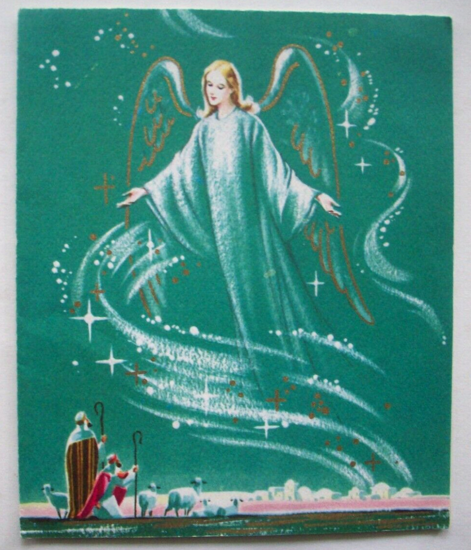 Angel visits shepherds w flock vintage Christmas greeting card *FF13