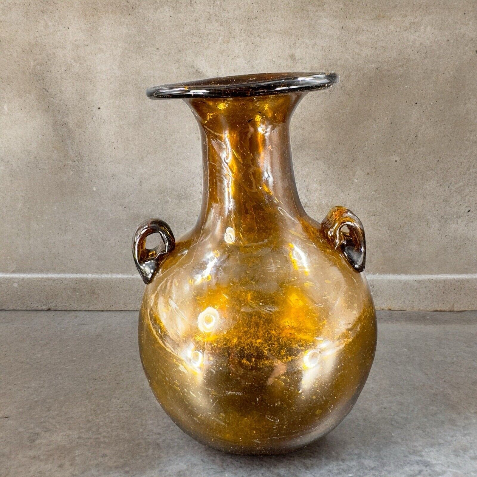Vintage Egyptian Dark Amber Glass Vase Vessel Hand Blown With Handles Glass Vase